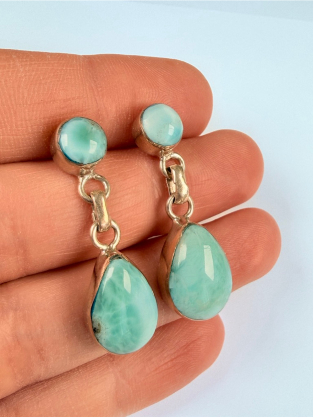 Natural 16.6 CT Larimar Caribbean Blue Sterling Silver 925 Dangle Earrings 1.3" - Picture 3 of 9